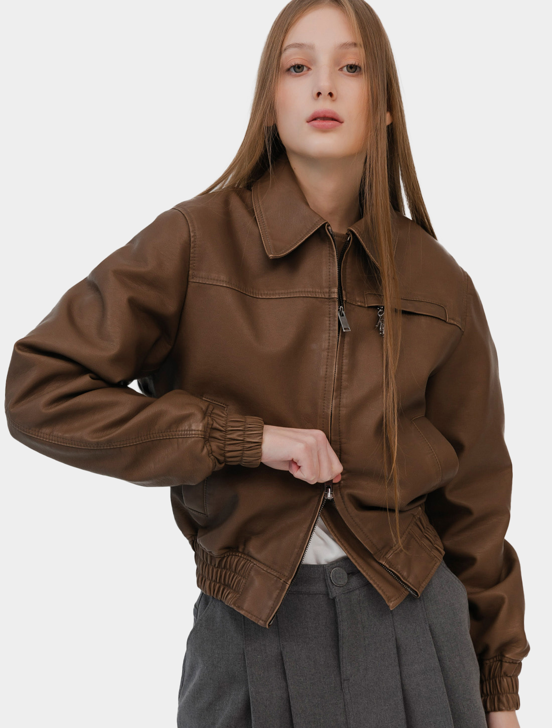 Brush Leather Two-Way Zipper Jacket (brown)